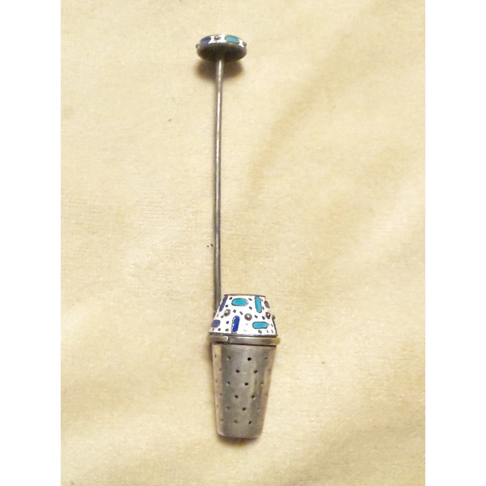 Vintage Russian 916 Silver Cloisonne Enamel Tea Strainer Hinged Basket 20.3g